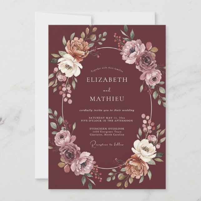 Moody Maroon Wreath Wedding Invitation (Front)