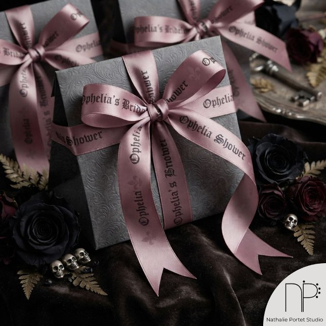 Moody Mauve Fleur-de-Lis Satin Ribbon (Moody mauve fleur-de-lis satin ribbon featuring custom deep purple gothic typography text for wrappi)