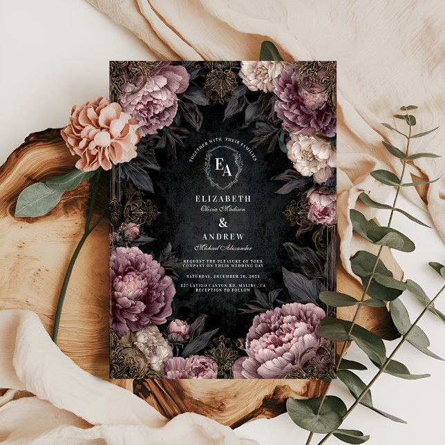 Moody Mauve Peony & Black Gothic Wedding Invitation (Creator Uploaded)