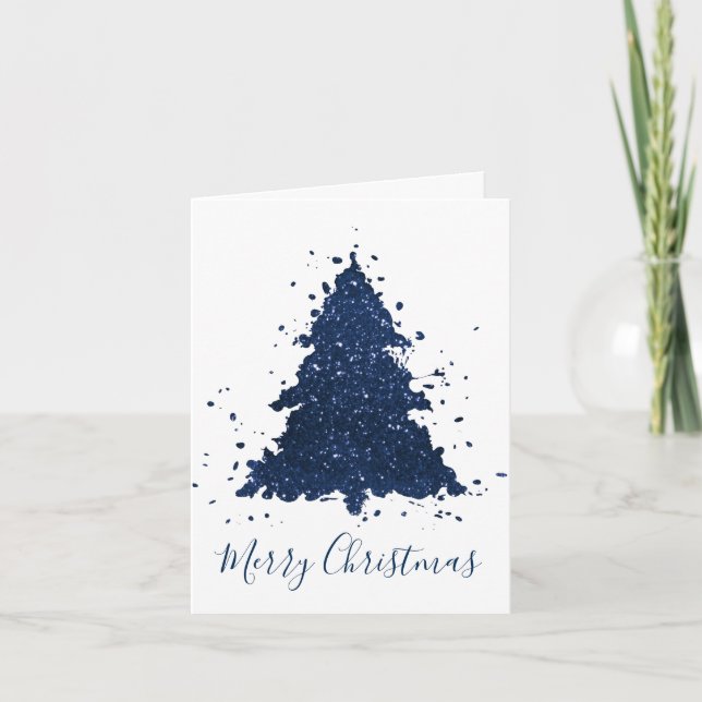 Moody Merry Christmas | Classy Dark Navy Blue Tree Holiday Card (Front)