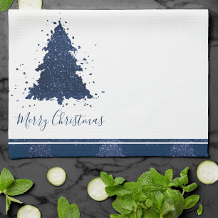 Moody Merry Christmas   Classy Dark Navy Blue Tree Tea Towel