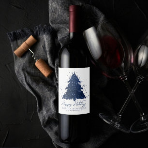 Moody Merry Christmas Classy Dark Navy Blue Tree Wine Label