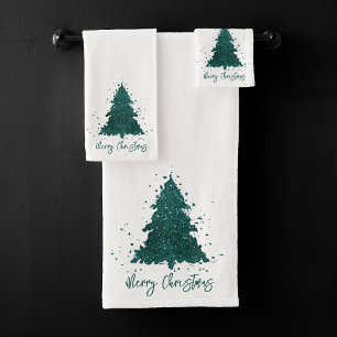 Moody Merry Christmas   Dark Midnight Teal Tree Bath Towel Set