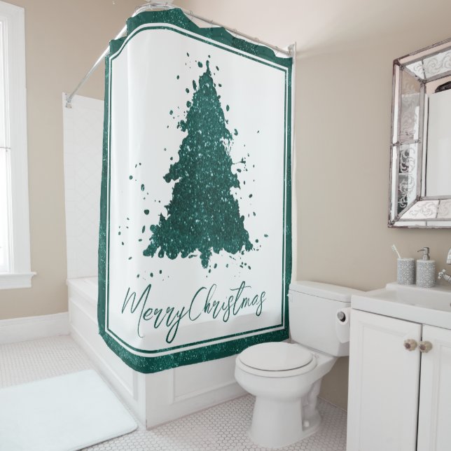 Moody Merry Christmas | Dark Midnight Teal Tree Shower Curtain (In Situ)