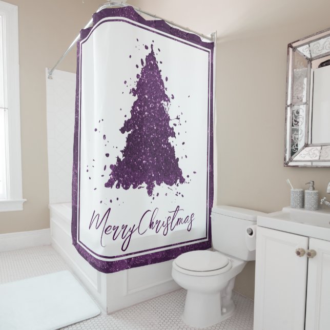 Moody Merry Christmas | Deep Plum Purple Tree Shower Curtain (In Situ)