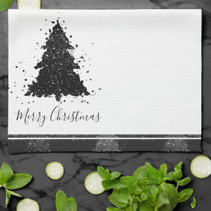 Moody Merry Christmas Onyx Silvery Black Tree Tea Towel