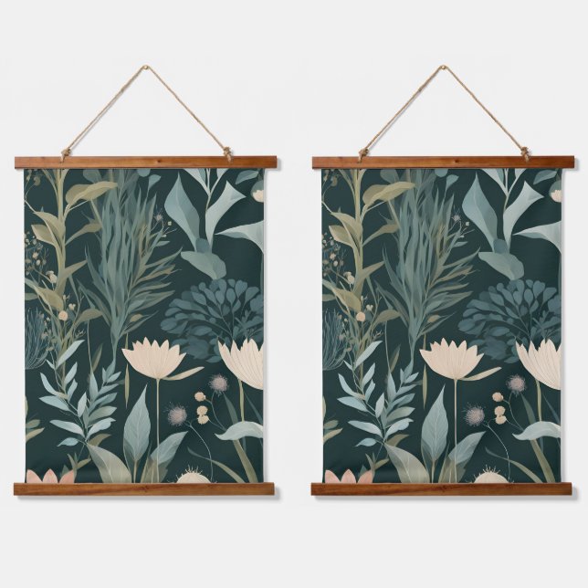 Moody Midnight Botanical Garden Floral Pattern Hanging Tapestry (Double)