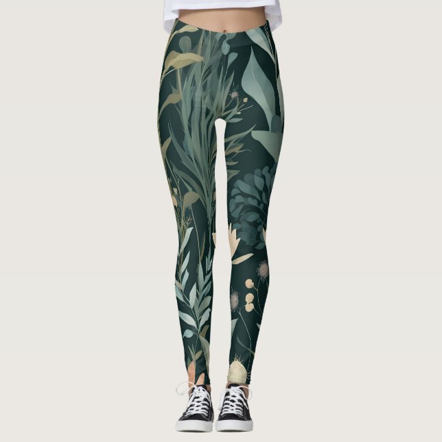 Moody Midnight Botanical Garden Floral Pattern Leggings (Front)