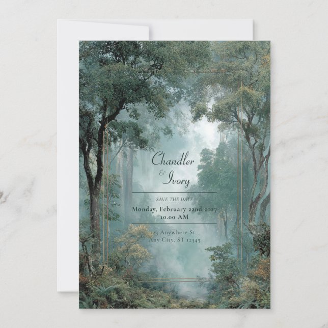 Moody Misty Forest Gold Frame Wedding Invitation (Front)