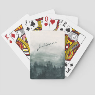 Moody Misty Forest Watercolor Custom Name Script Playing Cards