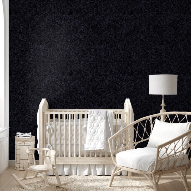 Moody Monochrome Deep Navy Blue Floral Pattern Wallpaper (Kids)