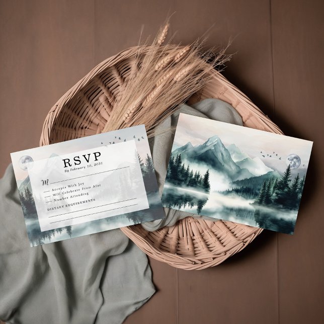 Moody Mountain Forest Lakeside Wedding RSVP Card (Creator Uploaded)