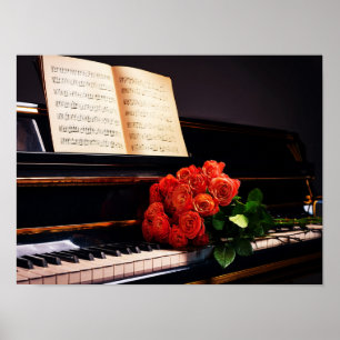 Moody Music - Piano and Red Roses Poster