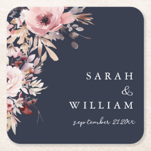 Moody Navy Blue Dusty Pink Floral Wedding Square Paper Coaster