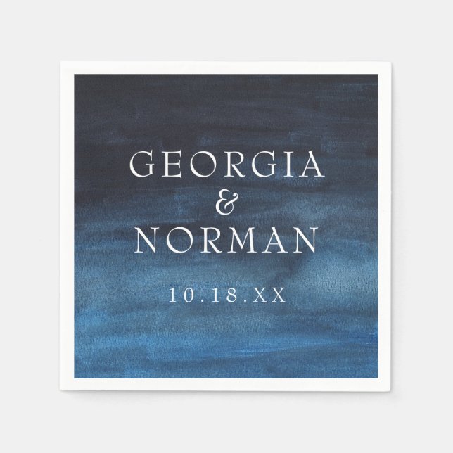 Moody Navy Blue Watercolor Wedding Napkin (Front)