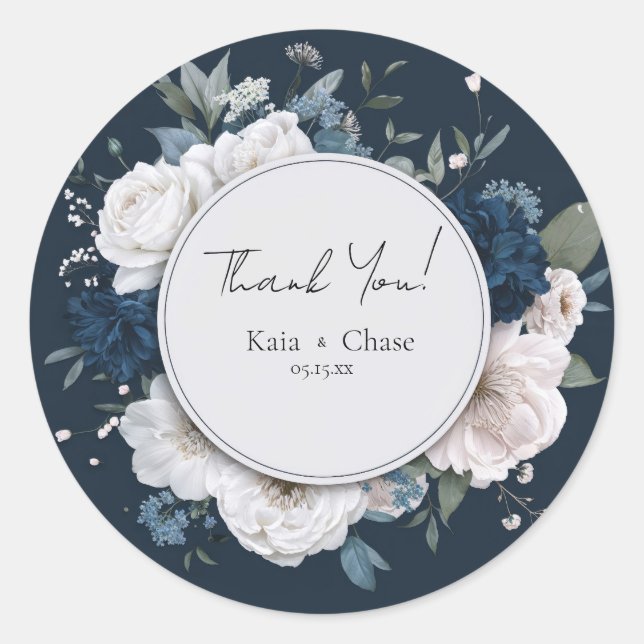 Moody Navy Blue White Floral Wreath Wedding Classic Round Sticker (Front)