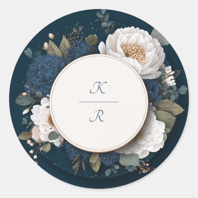 Moody Navy Blue White Gold Floral Circle Wedding Classic Round Sticker (Front)