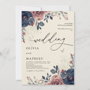 Moody Navy Dusty Rose Floral Wedding Invitation