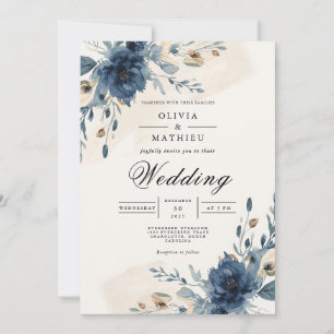 Moody Navy Floral Arch Wedding Invitation