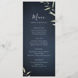 moody navy minimal botanical greenery wedding menu
