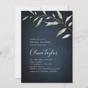 Moody navy minimal greenery bridal shower invitation