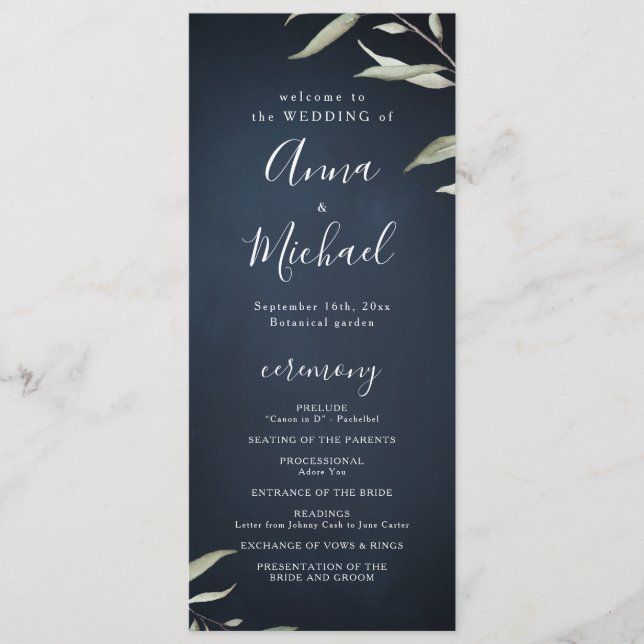 Moody navy minimal greenery rustic wedding program menu (Front)