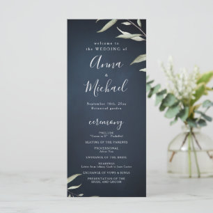 Moody navy minimal greenery rustic wedding program menu