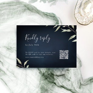 Moody navy minimal greenery wedding QR code  RSVP Card