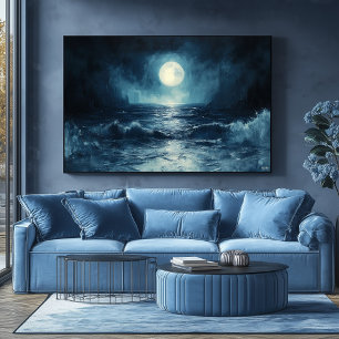 Moody Ocean Moonlight Scene with Waves Crashing Poster