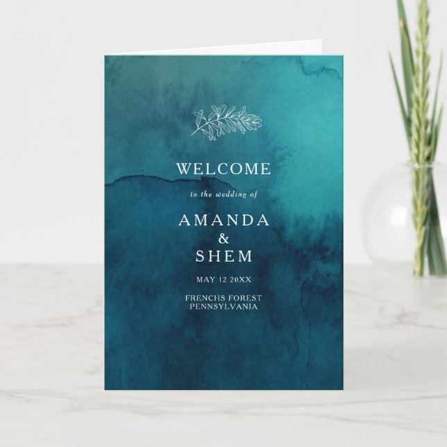 Moody Ocean Watercolor Folded Wedding Program Programme (Front)