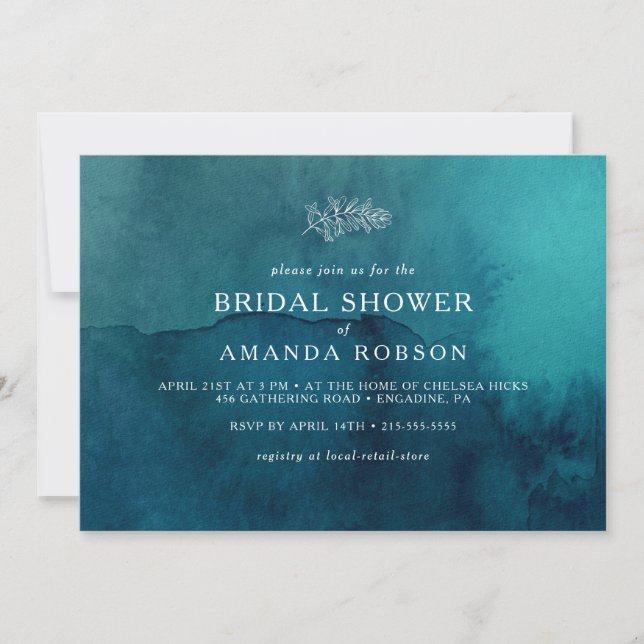 Moody Ocean Watercolor Horizontal Bridal Shower Invitation (Front)