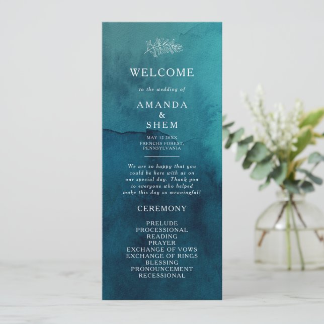 Moody Ocean Watercolor Wedding Program Programme (Standing Front)