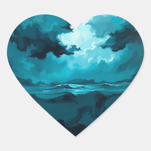 Moody Ocean Waves Under Stormy Sky – Abstract Seas Heart Sticker (Front)