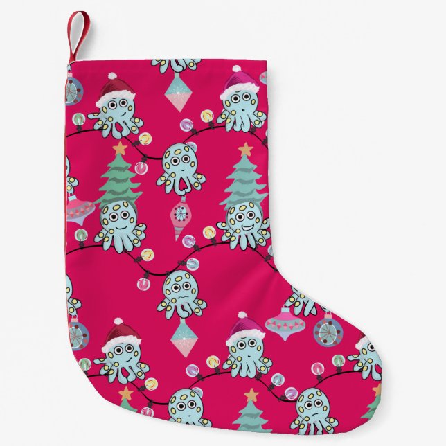 Moody Octopus With Christmas Lights Red Small Christmas Stocking (Front)