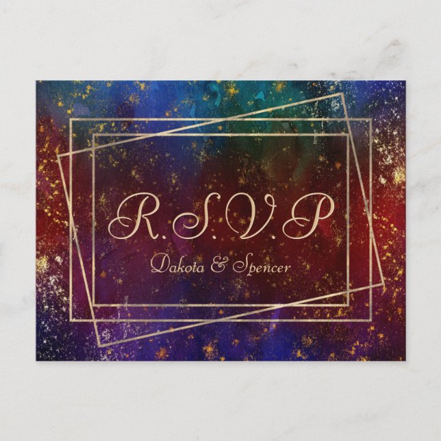 Moody Ombre | Dark Jewel Tone Gold Stars Meal RSVP Invitation Postcard (Front)