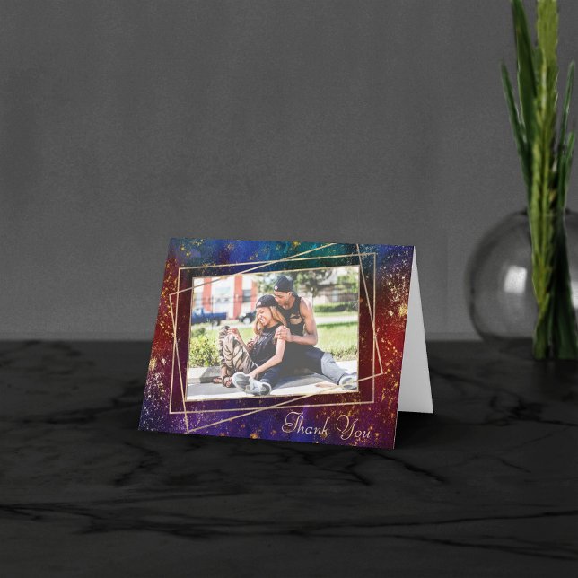 Moody Ombre | Dark Jewel Tone  Gold Stars Photo Thank You Card (Creator Uploaded)