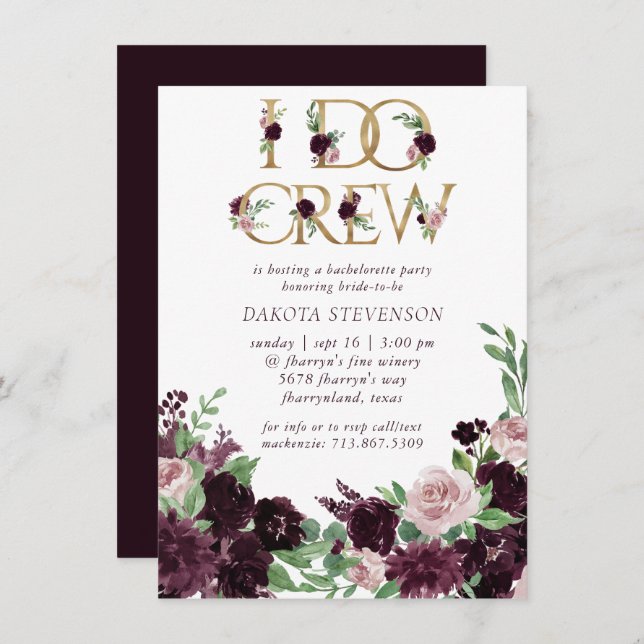Moody Passion | Dramatic Purple Floral I Do Crew  Invitation (Front/Back)