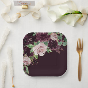 Moody Passion Dramatic Purple Wine Rose Bouquet Paper Plate