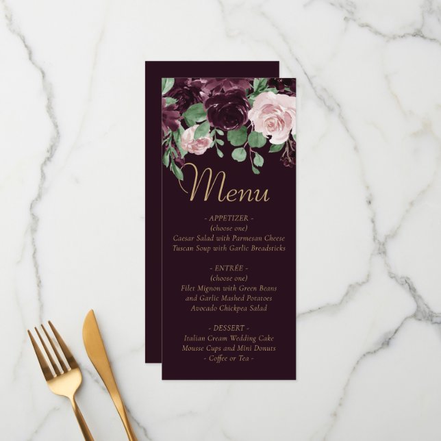 Moody Passion | Dramatic Purple Wine Rose Garland Menu (Front/Back In Situ)