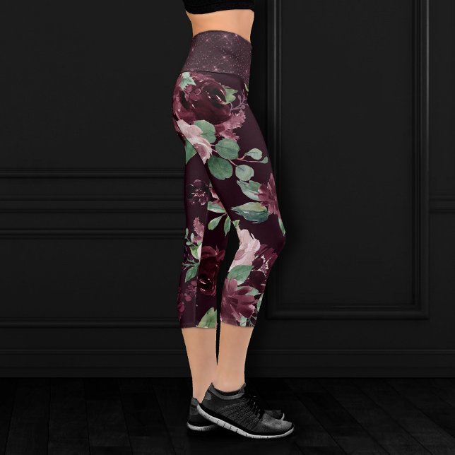 Moody Passion | Dramatic Purple Wine Rose Pattern Capri Leggings (Creator Uploaded)