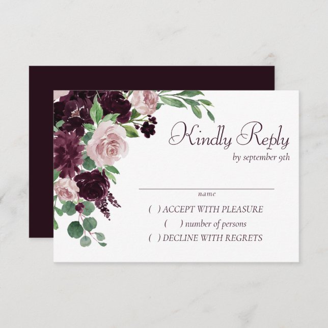 Moody Passions | Dramatic Purple Wine Rose Bouquet RSVP Card (Front/Back)