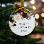 Moody Passions | Dramatic Purple Wine Rose Custom Ceramic Tree Decoration<br><div class="desc">Drama and intrigue meet sophisticated elegance in this moody jewel tone colour palette featuring hand-painted watercolor floral in luxurious purple shades of wine, bourdeaux, and dusty sangria embellished by green botanical laurel accents. From the "Boho Bloom" collection, this layout incorporates a rich Bohemian wildflower bouquet with radiant flower blooms and...</div>