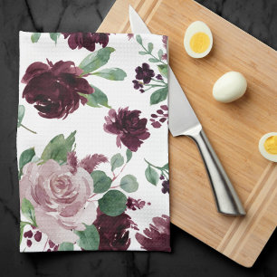 Moody Passions Dramatic Purple Wine Rose Pattern Tea Towel