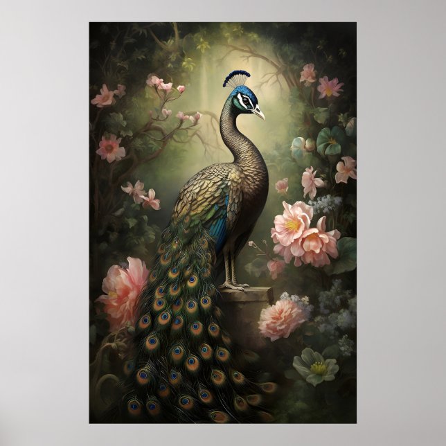 Moody Peacock Botanical Print, Dark Academia Wall Poster (Front)