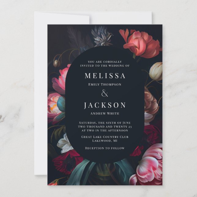 Moody Peony Floral Wedding Round Invitation (Front)