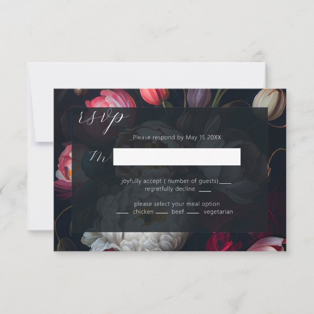 Moody Peony painterly Wedding Black RSVP Card (Front)