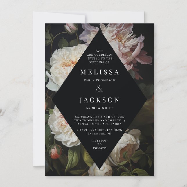 Moody Peony Rose Floral Wedding Invitation (Front)