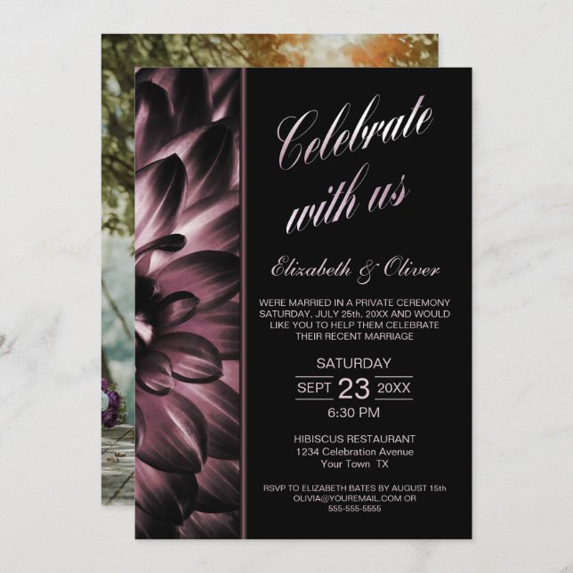 Moody Pink Floral Photo Wedding Reception Invitation (Front/Back)
