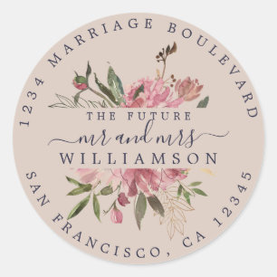 Moody Pink Floral Wedding Return Address Classic R Classic Round Sticker