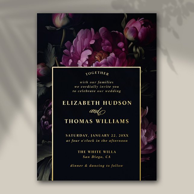 Moody Pink Peony Modern Vintage Elegant Wedding (moody floral wedding invitation vintage pink peony dark elegant classic formal frame gold foil)